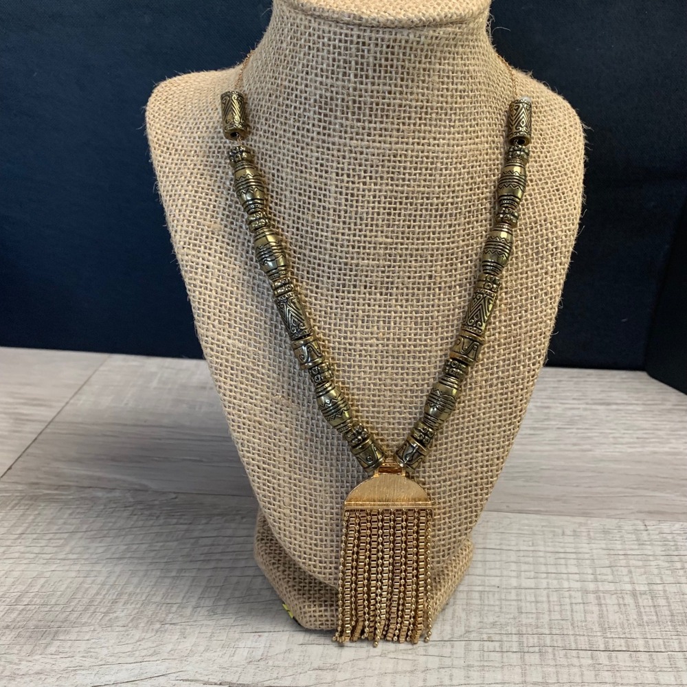 Tribal Etched Bead Tassel Fringe Statement Necklace Gold Tone 20 Inch 4552